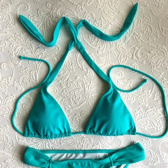 Victorias Secret Turquoise Blue string Triangle Bikini high waist M bathing suit - Picture 4 of 4